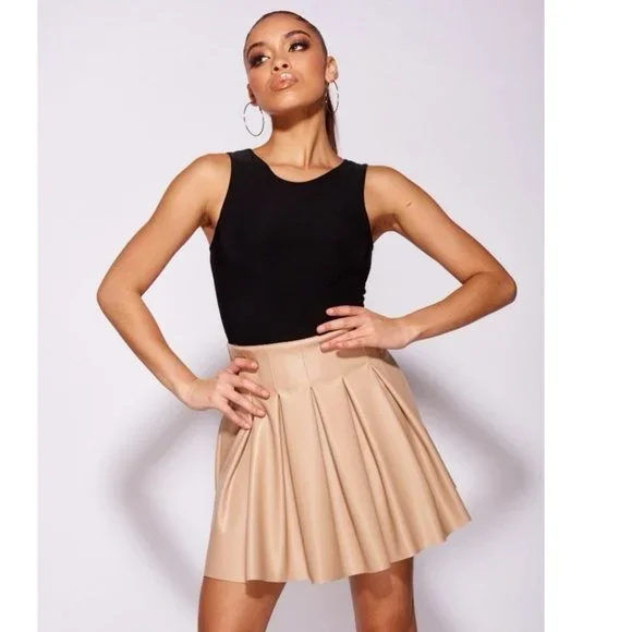 Nude Faux Leather Vegan Leather High Waist Pleated Mini Skater Skirt - Picture 12 of 15